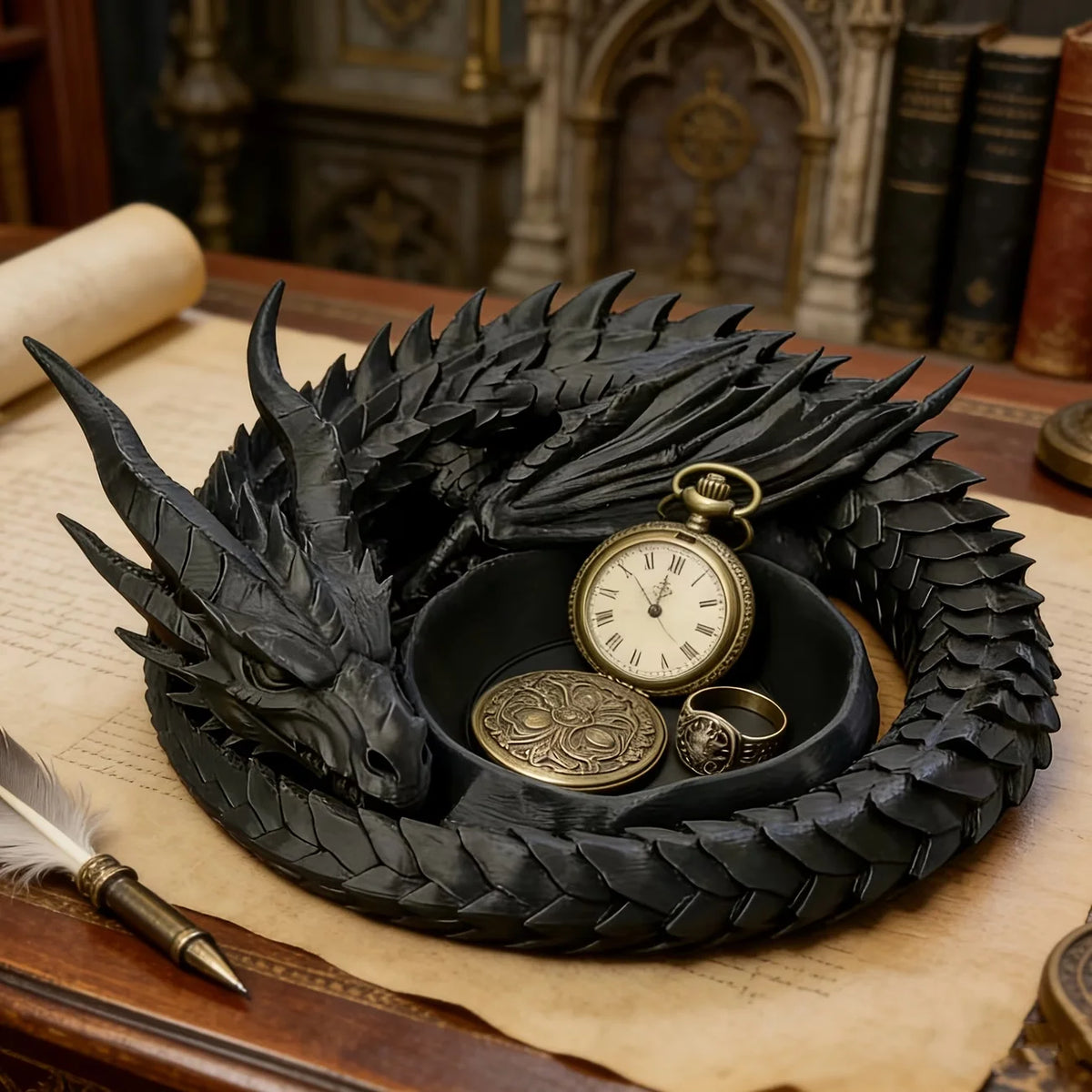 A black dragon-themed desktop storage tray organizer holding a gold watch and coin on parchment paper.
