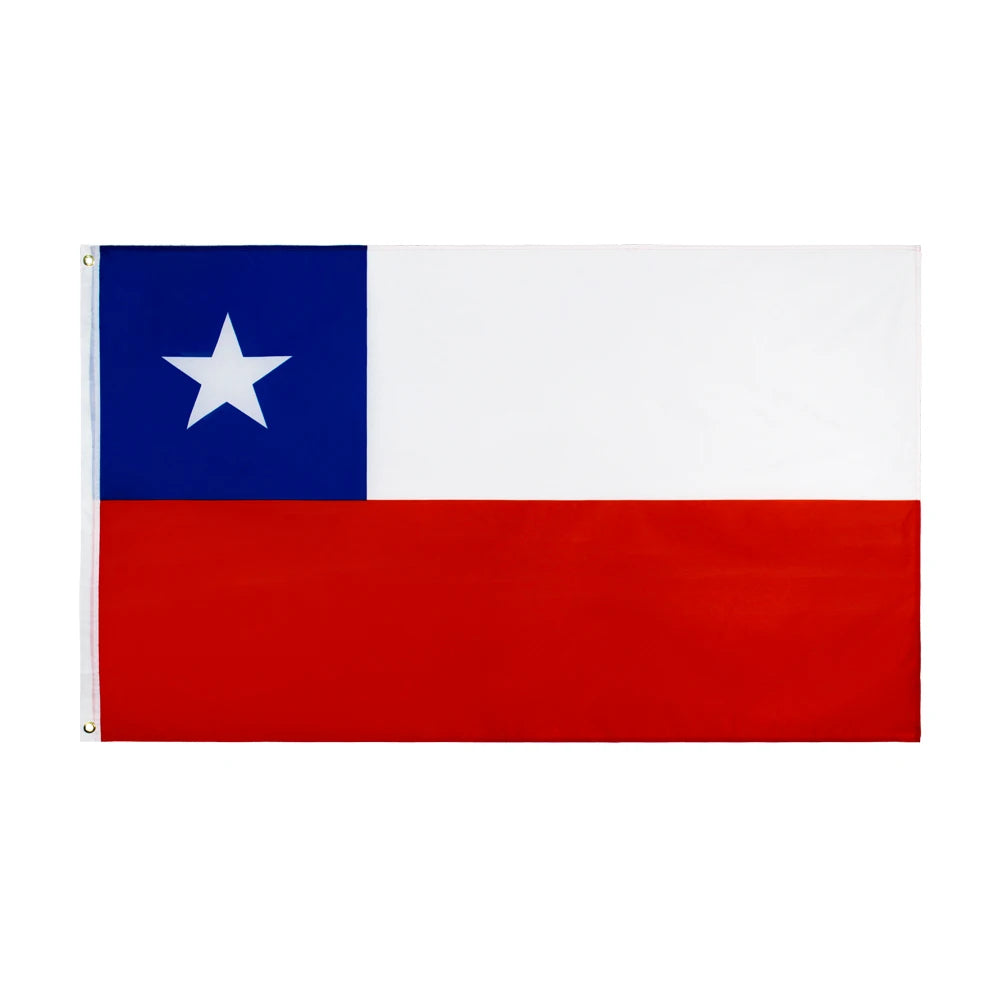 A rectangular tapestry of the Chilean flag featuring a blue canton with a white star and a red stripe below.