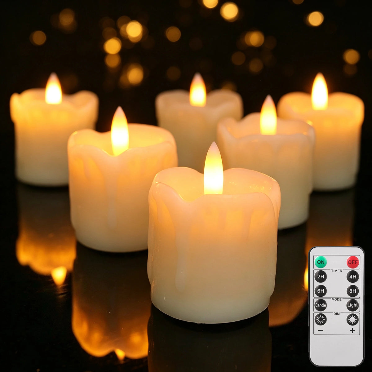 A close-up of several glowing white LED tea lights in a dark setting with a control panel visible.