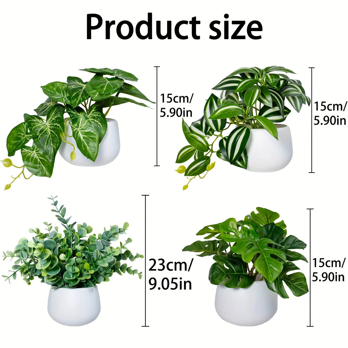 Four images showing the size of artificial bonsai succulent plants in white pots.