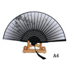 A black and gray lace folding hand fan with a decorative fan section and wooden handle.