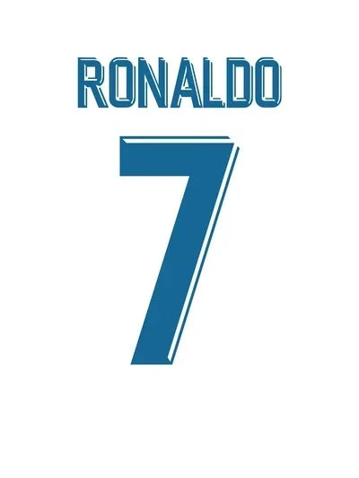 A blue text graphic displaying the name RONALDO above the large number 7.