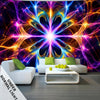 A vibrant fantasy glow-in-the-dark wall tapestry displayed above a modern white sofa and coffee table.