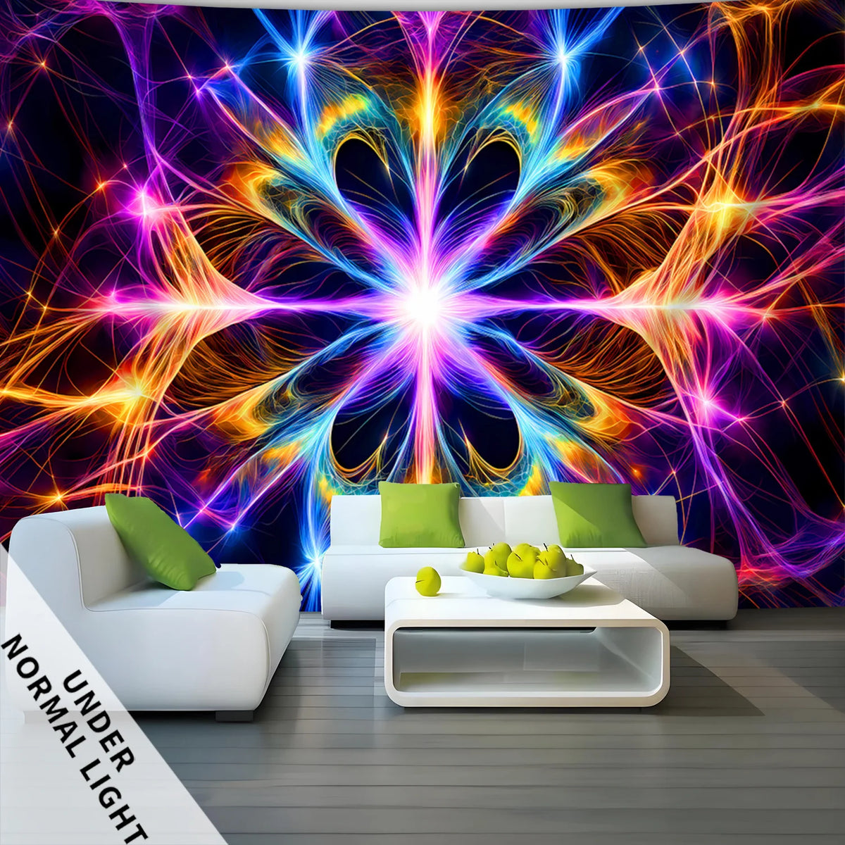 A vibrant fantasy glow-in-the-dark wall tapestry displayed above a modern white sofa and coffee table.