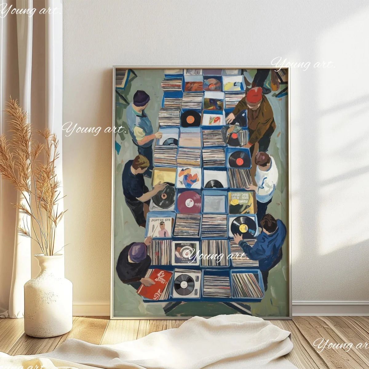 A canvas art print featuring a collage of retro vinyl records and album covers.