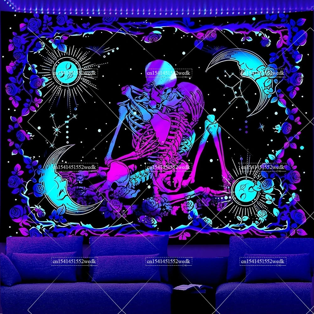 A vibrant purple and blue tapestry featuring a skeletal figure surrounded by glowing lotus flowers and celestial elements.