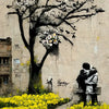 Banksy style artwork depicting a bare tree and a silhouette of a girl embracing, painted on a textured wall.