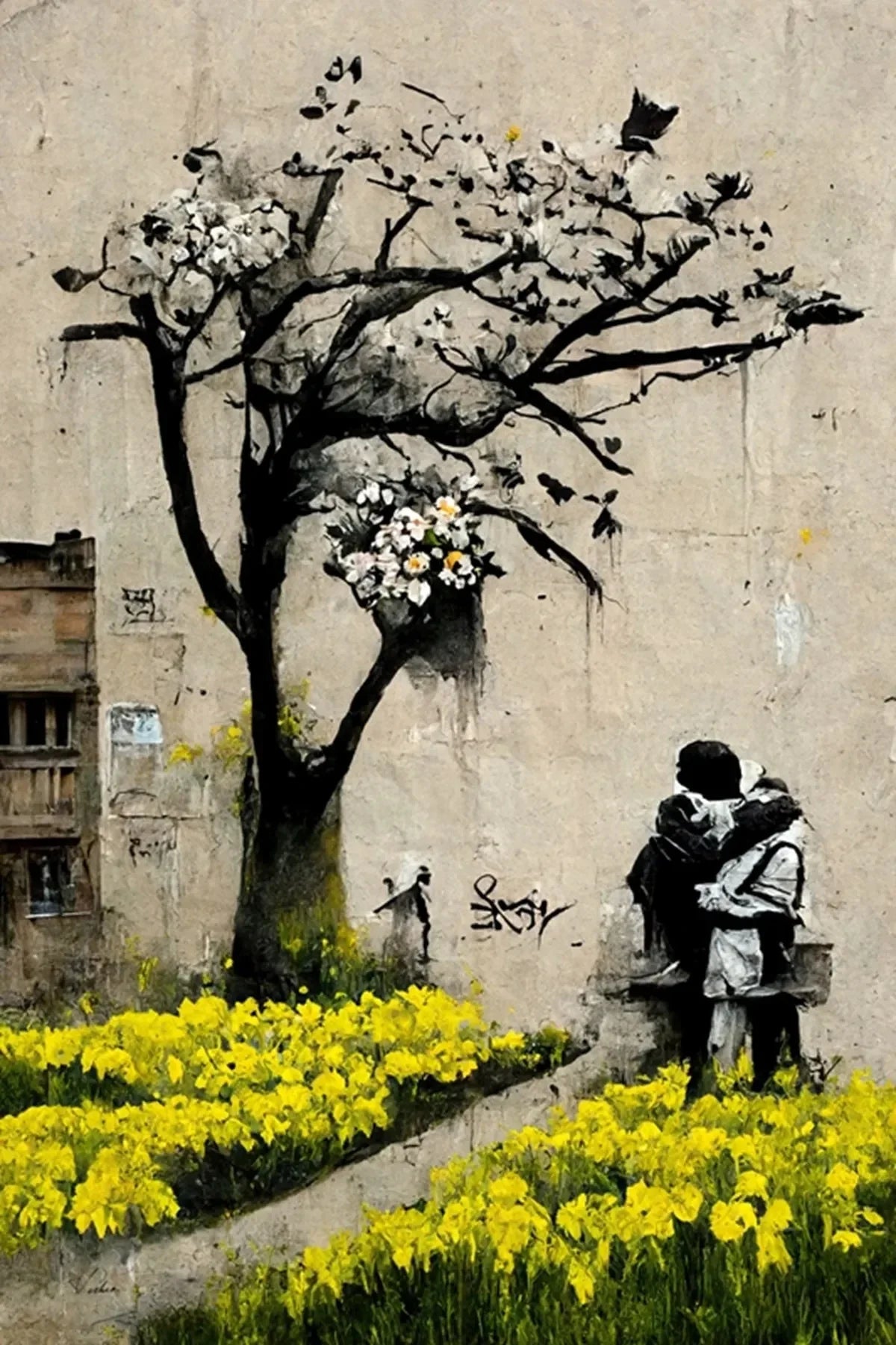 Banksy style artwork depicting a bare tree and a silhouette of a girl embracing, painted on a textured wall.