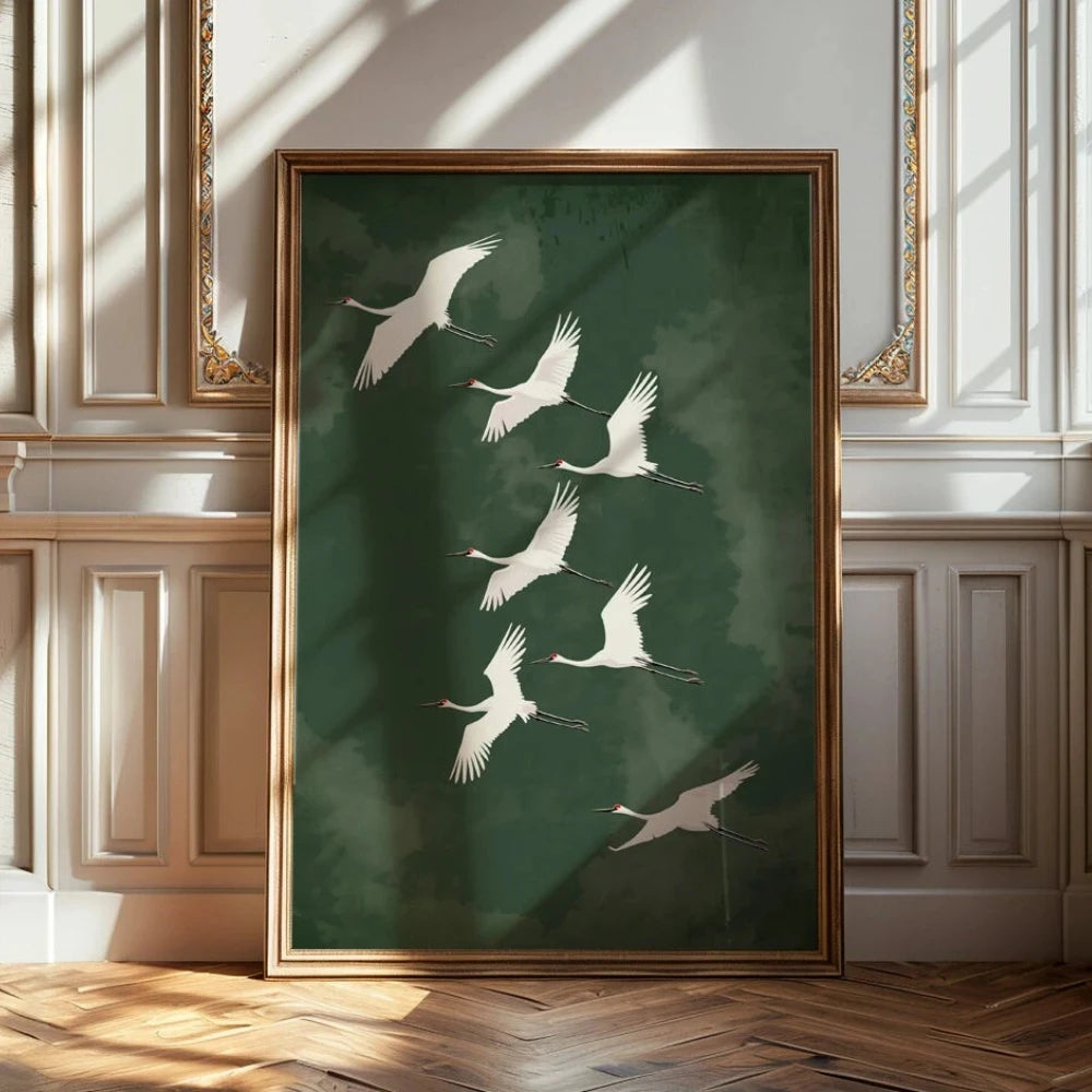 A framed canvas wall art featuring a dark green background with silhouettes of several white cranes.