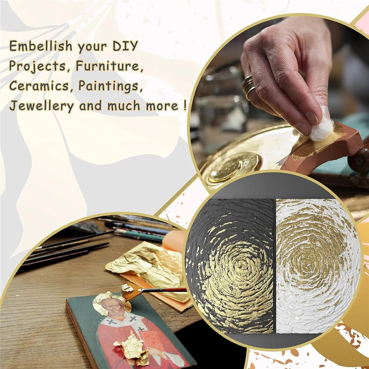 Close-up of imitation gold leaf sheets being applied to a surface for gilding and crafting projects.