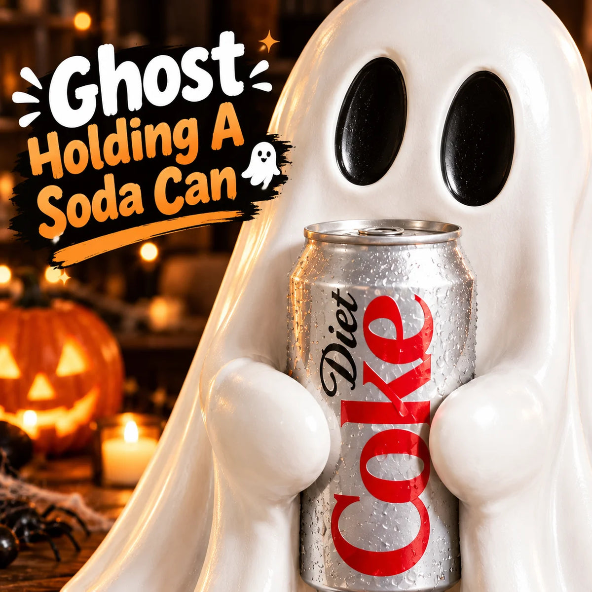 A white ghost figurine is holding an aluminum soda can, displayed in a dark, rustic setting.