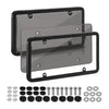 A universal license plate frame with mounting brackets and screws for cars and trucks, shown with various hardware components