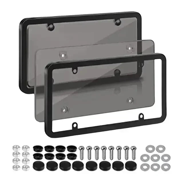 A universal license plate frame with mounting brackets and screws for cars and trucks, shown with various hardware components