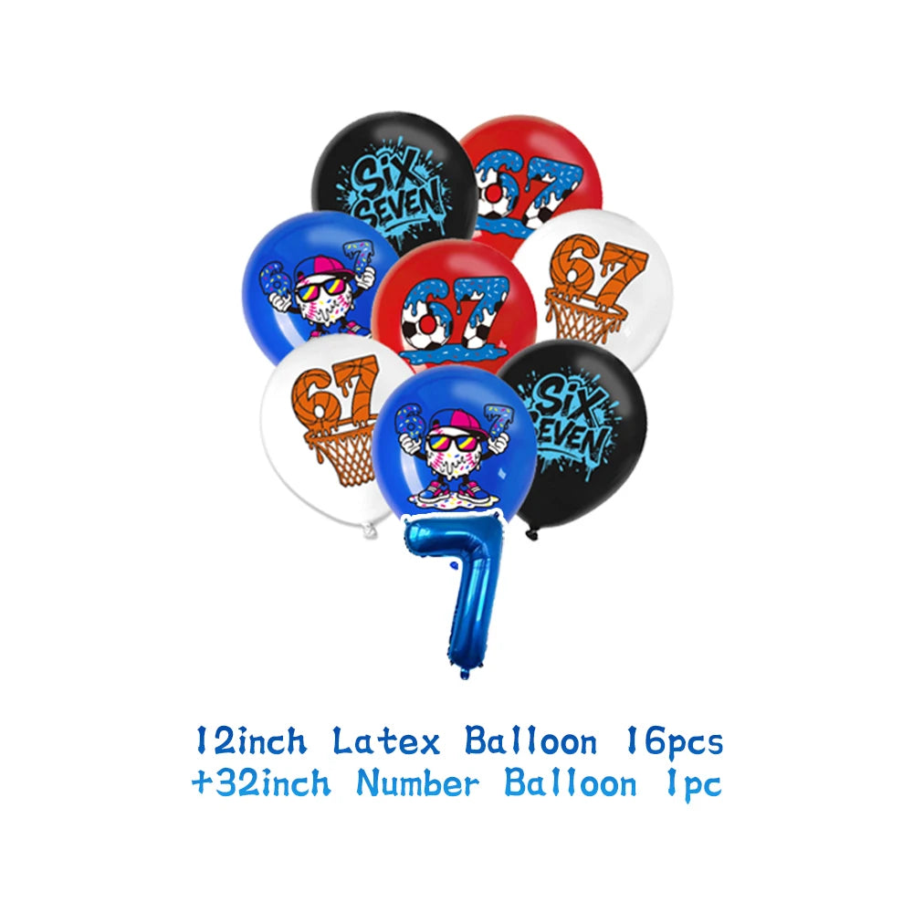 A set of 16 latex balloons featuring numbers six and seven in various colors and designs for a birthday party.