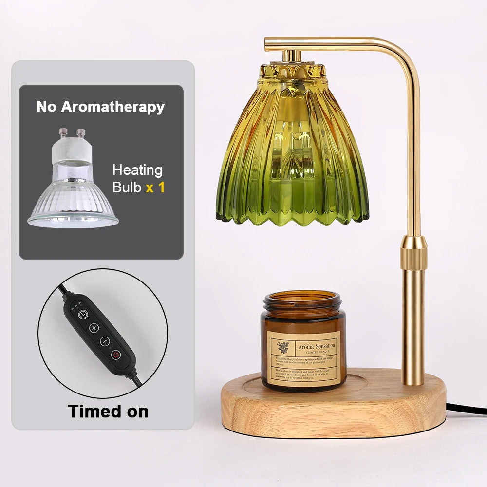 A brass adjustable candle warmer lamp with a green glass shade and a wooden base, showing the heating bulb and timer feature.