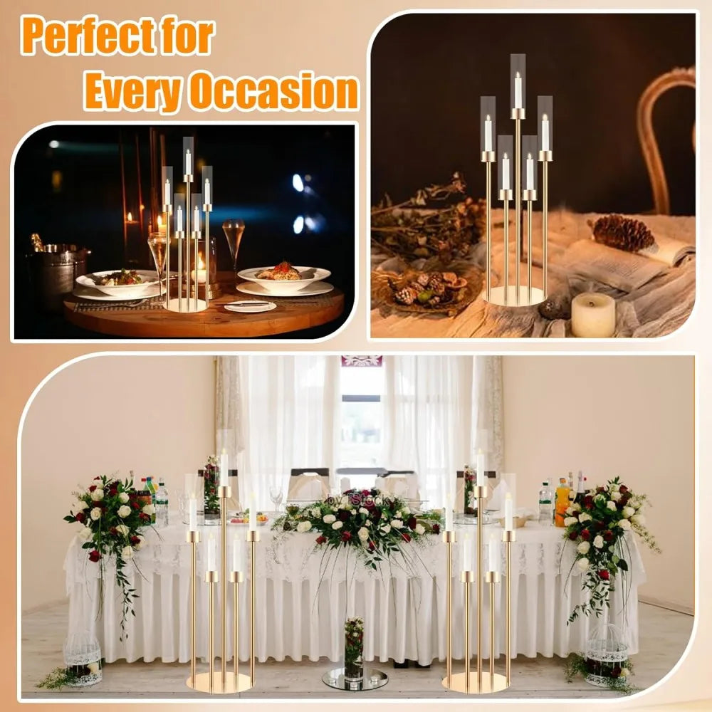 A set of five gold LED candle holders displayed on a white draped table for elegant decor.