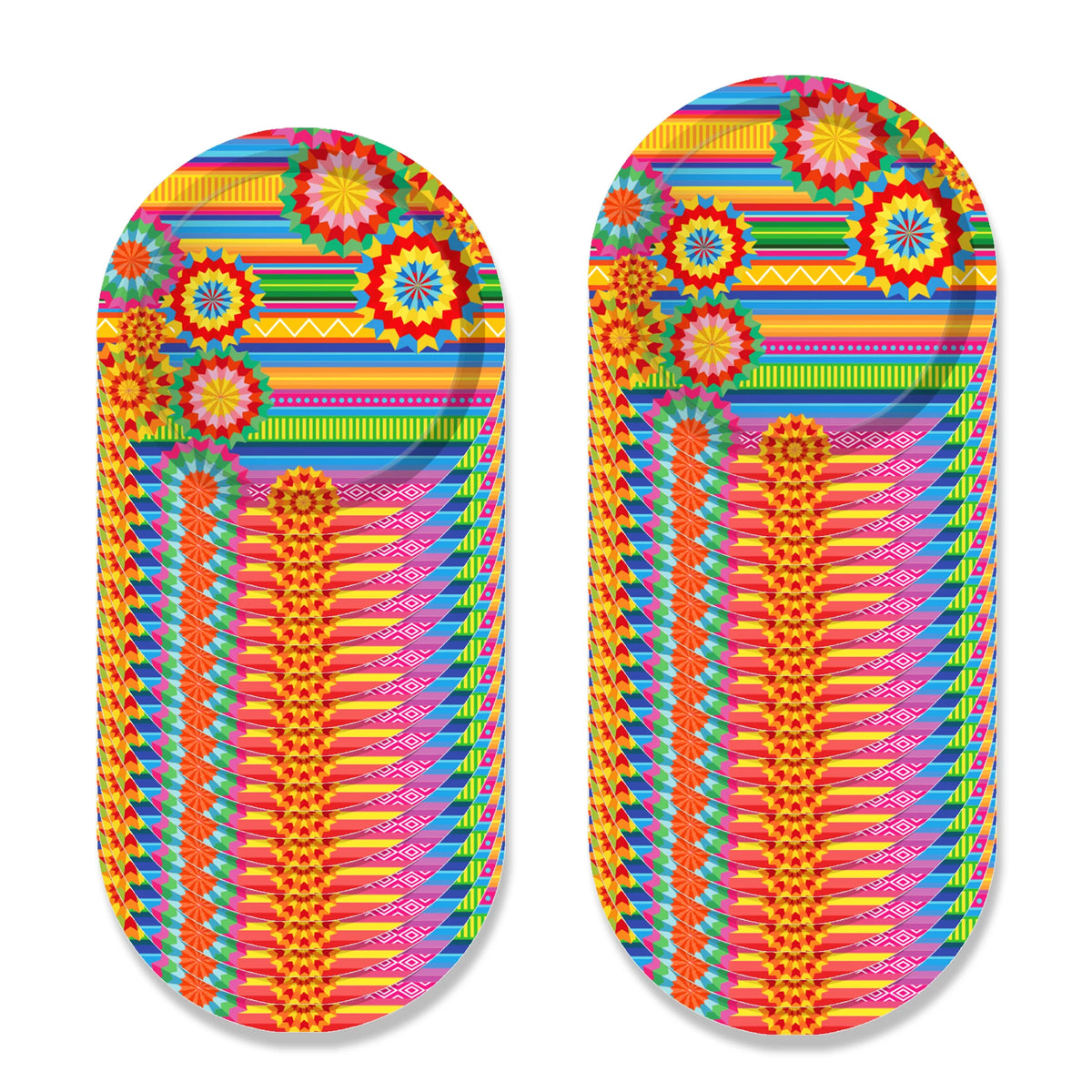 A colorful pattern of Mexican fiesta designs on a disposable tableware set.