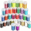 A collection of small plastic containers filled with various colors of glitter for nail art and DIY crafts