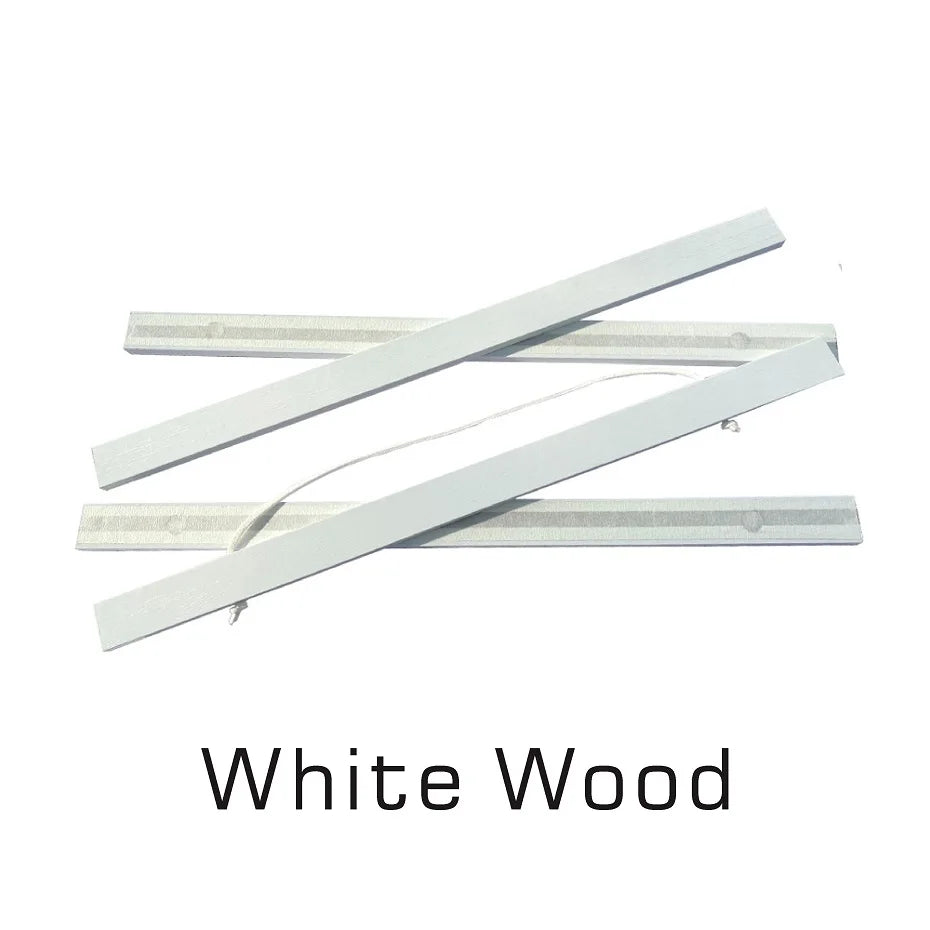 A white wooden poster hanger with a teak finish shown in a diagonal layout.