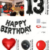 A set of red and black foil number balloons, heart-shaped balloons, and round balloons for birthday decorations.