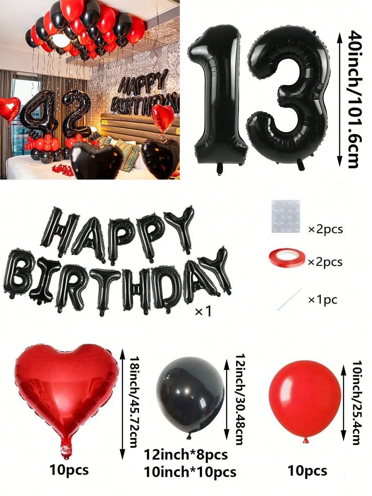 A set of red and black foil number balloons, heart-shaped balloons, and round balloons for birthday decorations.