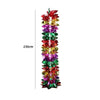 A vertical display of shimmering tinsel garland ribbon in various Christmas colors like red, green, gold, and purple.