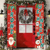 A festive red door banner decorated with Christmas wreaths and holiday greetings like Frohe Weihnachten.