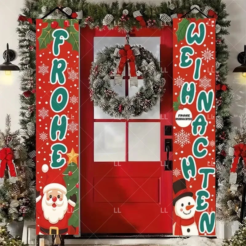 A festive red door banner decorated with Christmas wreaths and holiday greetings like Frohe Weihnachten.