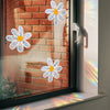 A window decal featuring white and yellow daisy flowers is applied to a glass pane, catching sunlight.
