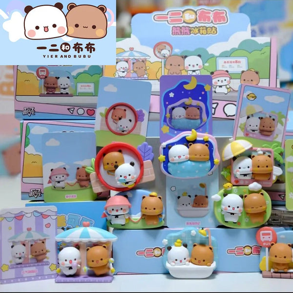A collection of cute animal-themed fridge magnets and collectible dolls from the Yier and Bubu series