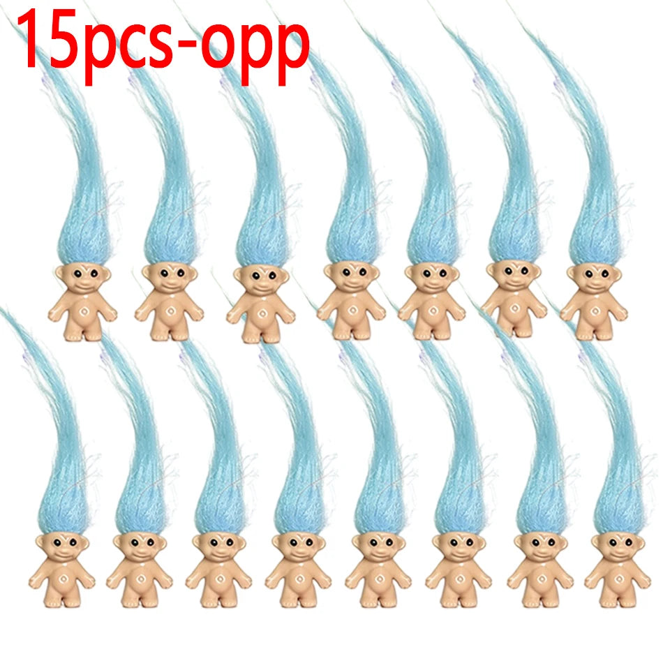 A set of 15 mini retro troll doll collectible figures in light blue color.