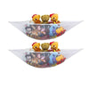 A mesh storage organizer hammock filled with various stuffed animals including teddy bears and Disney characters.