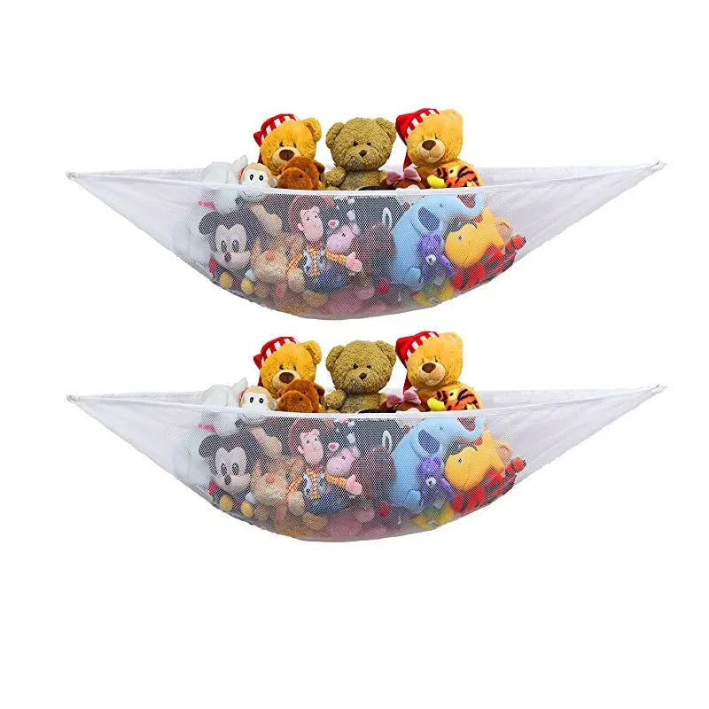 A mesh storage organizer hammock filled with various stuffed animals including teddy bears and Disney characters.