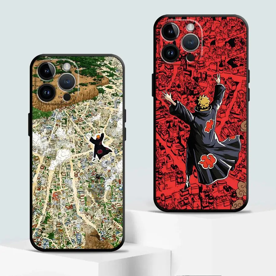 A pair of phone cases featuring different designs, including a city map and an anime character, for an Akatsuki Soft TPU phon