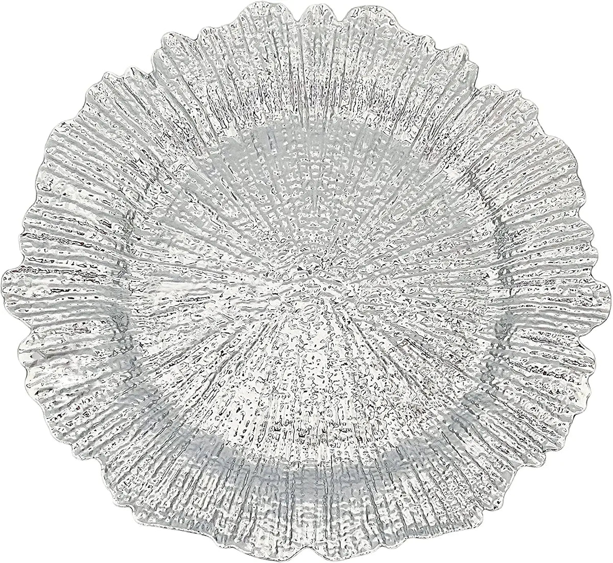 Elegant gold charger plates with a textured, fluted design.