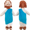 A plush doll set featuring Jesus and Mary with brown hair, beards, and blue robes.