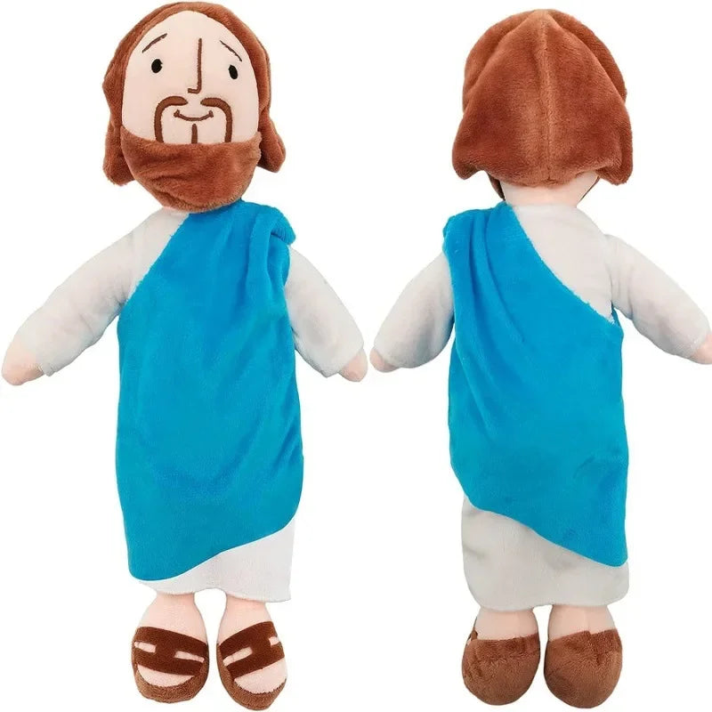 A plush doll set featuring Jesus and Mary with brown hair, beards, and blue robes.
