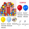 A kit for creating a rainbow carnival balloon garland arch featuring red, yellow, and blue balloons with star accents.