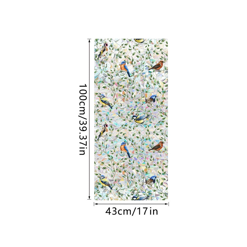 Botanical print static cling window film featuring various small birds and foliage.
