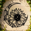 Art mural black metal avec un tournesol détaillé dans la silhouette d'une lune en croissant.