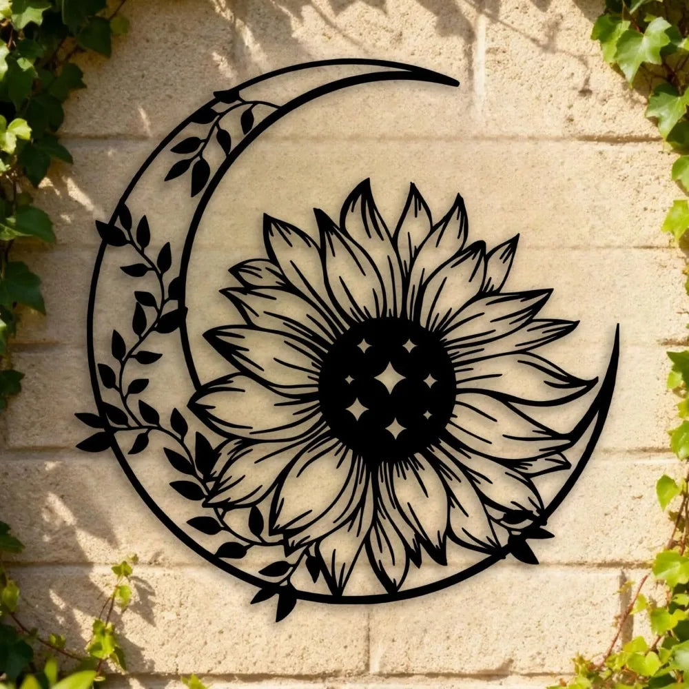 Art mural black metal avec un tournesol détaillé dans la silhouette d'une lune en croissant.