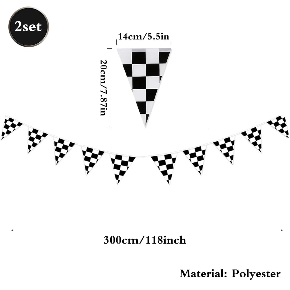 A set of 2 checkered flag shaped balloons for decoration.