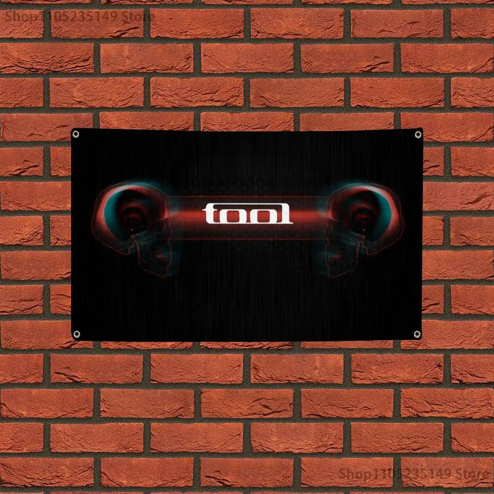 A black rectangular sign with the word tool in red glowing text mounted on a brick wall.