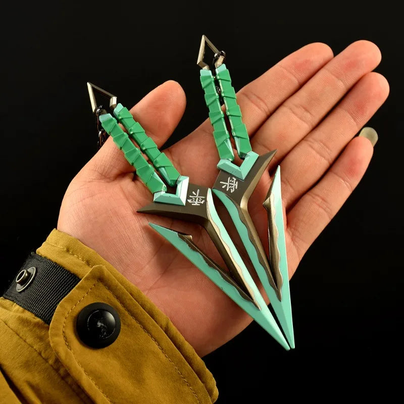 A hand holds a full-size replica katana prop with green and silver blades, featuring Japanese characters.