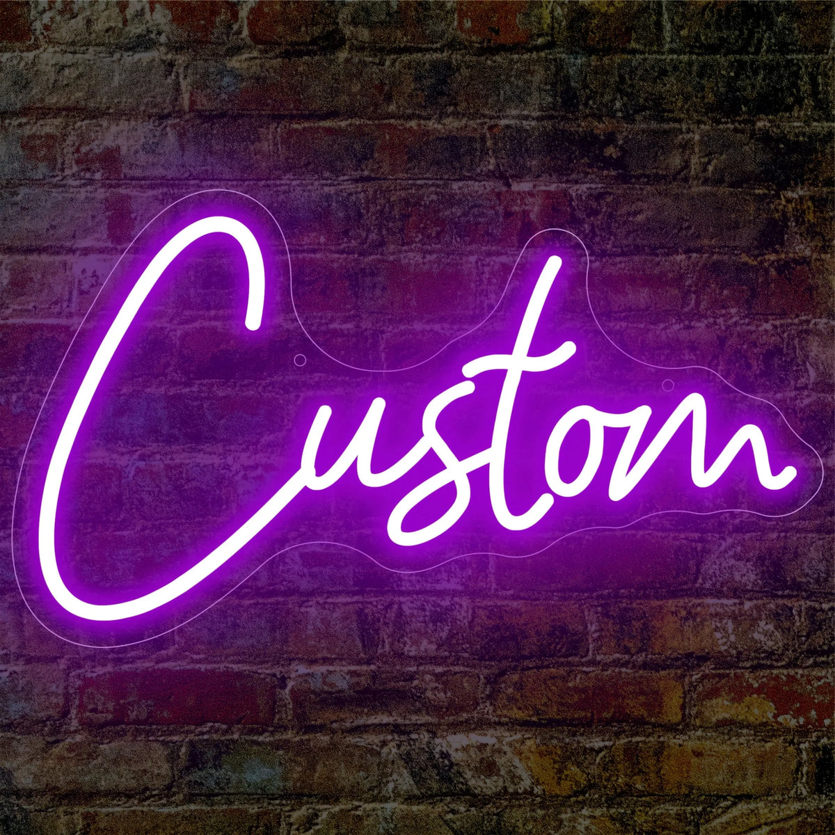 A glowing purple neon sign spelling the word Custom mounted on a brick wall.