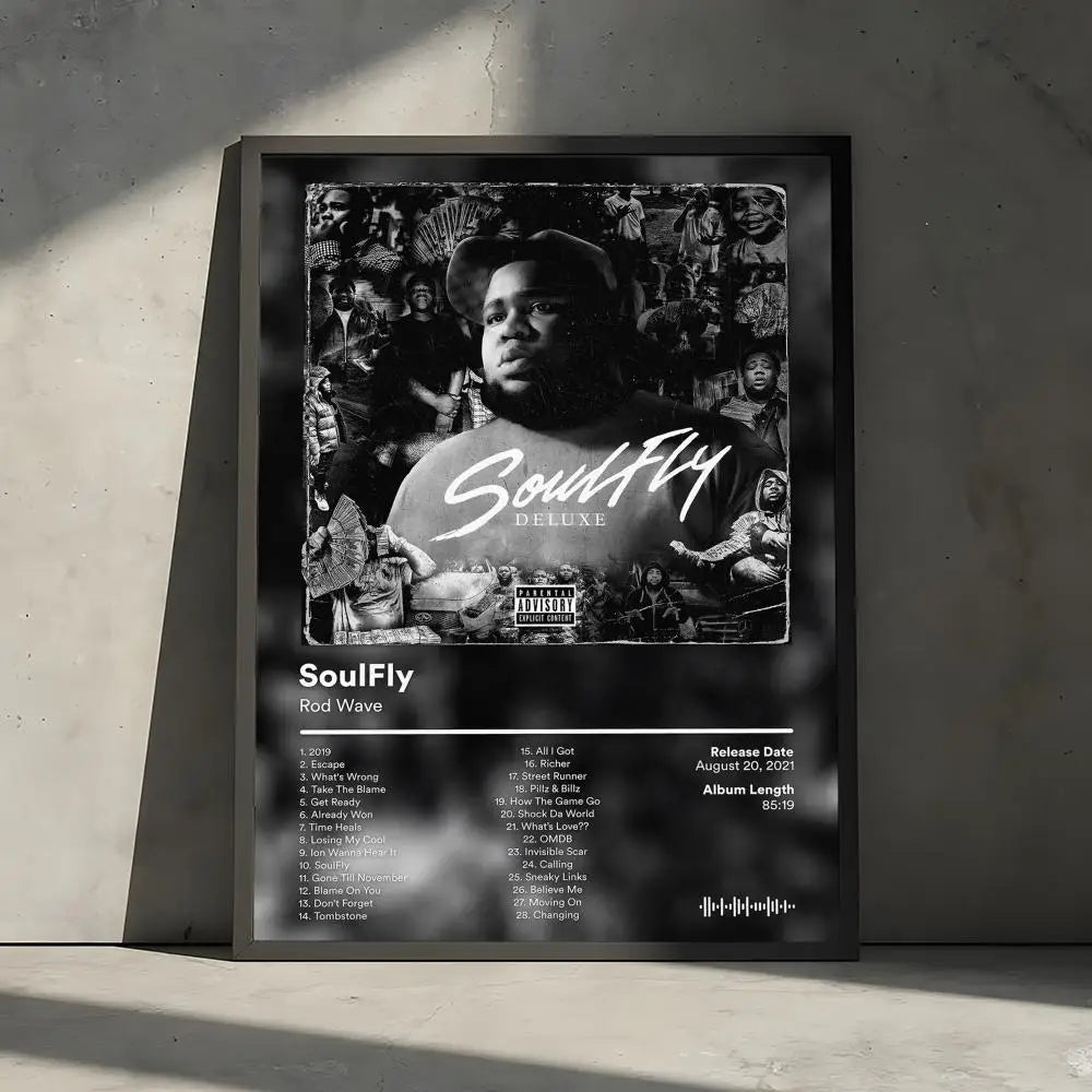 A black and white album cover poster featuring a rapper named SoulFly with the deluxe edition title.