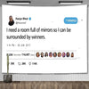 A social media post featuring Kanye West's tweet about needing a room full of mirrors to be surrounded by winners.
