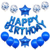 A set of blue and silver foil letter balloons shaped like letters and a star for a birthday party decoration.