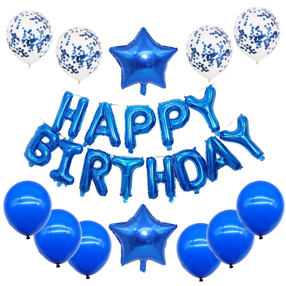 A set of blue and silver foil letter balloons shaped like letters and a star for a birthday party decoration.