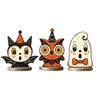 A set of three wooden block Halloween decor figures: a black cat-like owl, an orange owl, and a white owl.